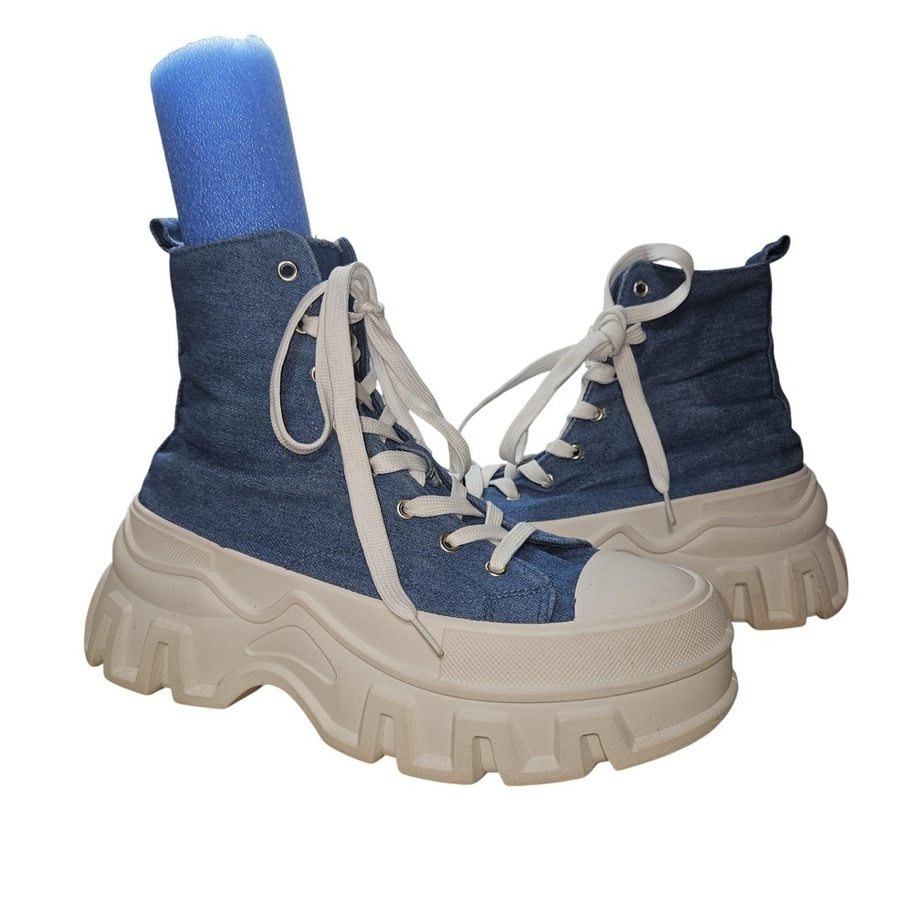 AZALEA WANG Chaney-Denim Ankle Boots Women 9 Blue Denim‎ Platform Lug Sole Boho